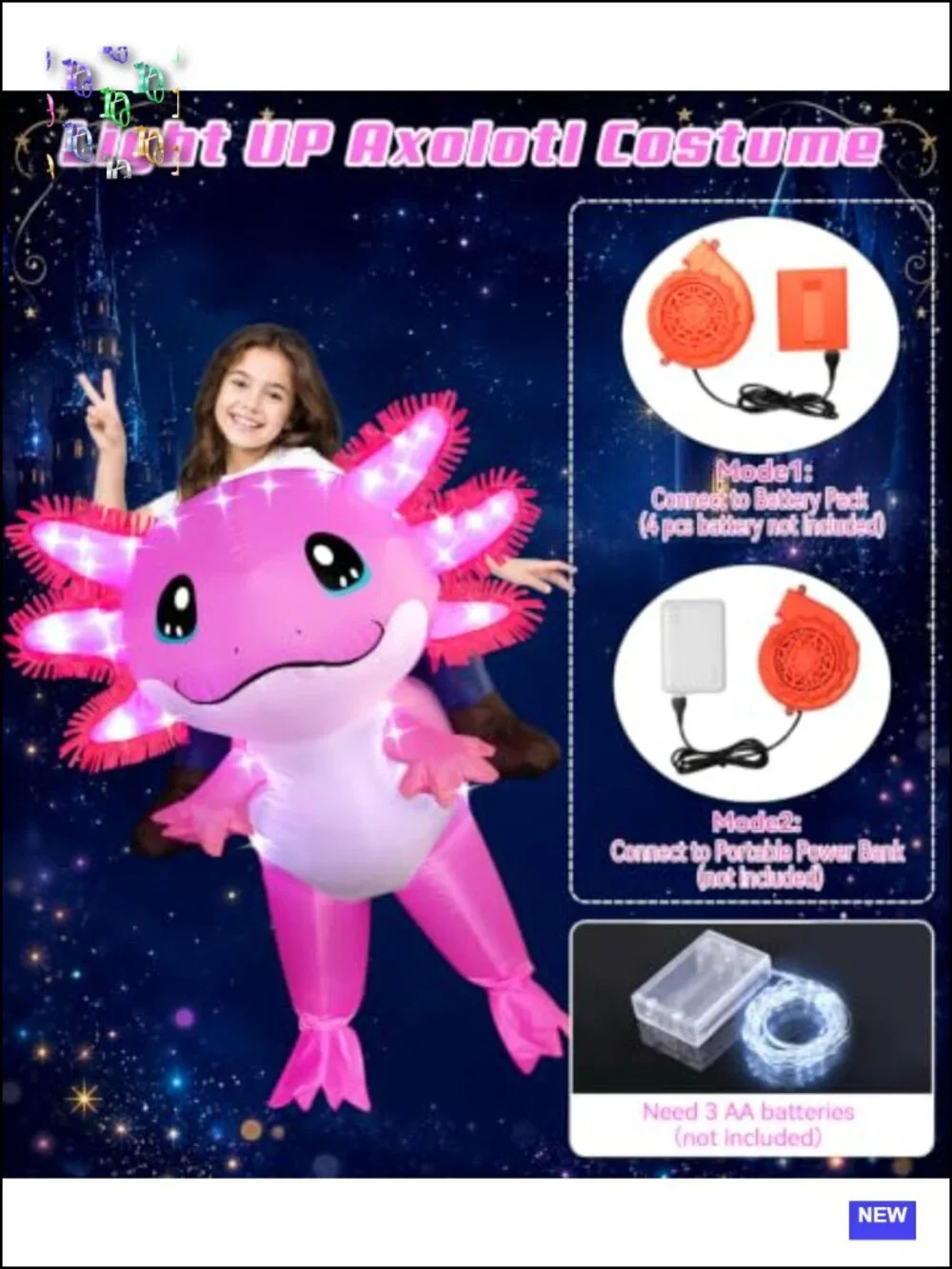 Inflatable Axolotl Costume for Kids with LED Lights, Ride-On Blow Up Halloween